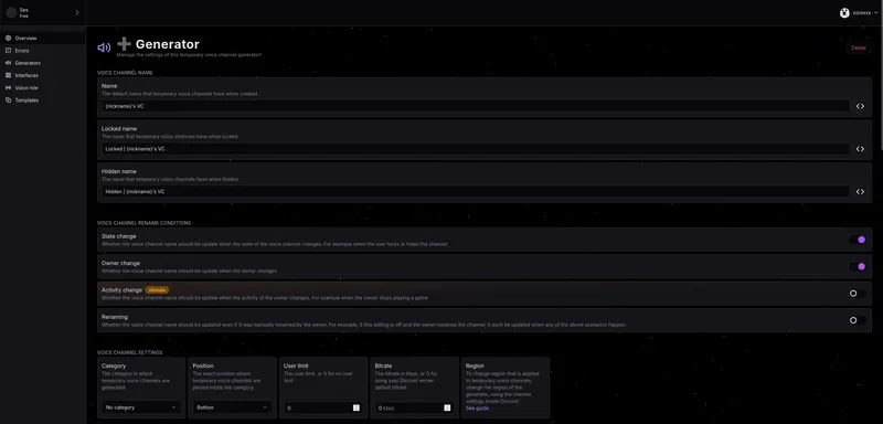 Astro dashboard generator settings showing naming templates for default, locked, and hidden states, rename conditions, and channel settings