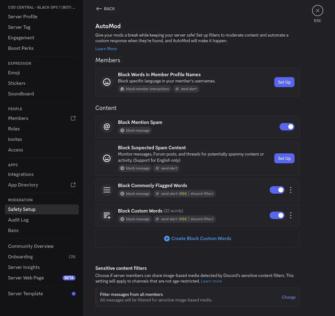 Discord AutoMod settings page showing all rule types including mention spam, suspected spam, commonly flagged words, and custom words