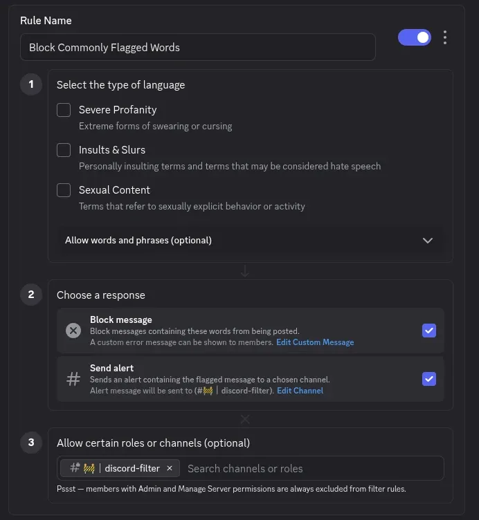 Discord AutoMod commonly flagged words settings showing three categories: Severe Profanity, Insults and Slurs, and Sexual Content, all unchecked