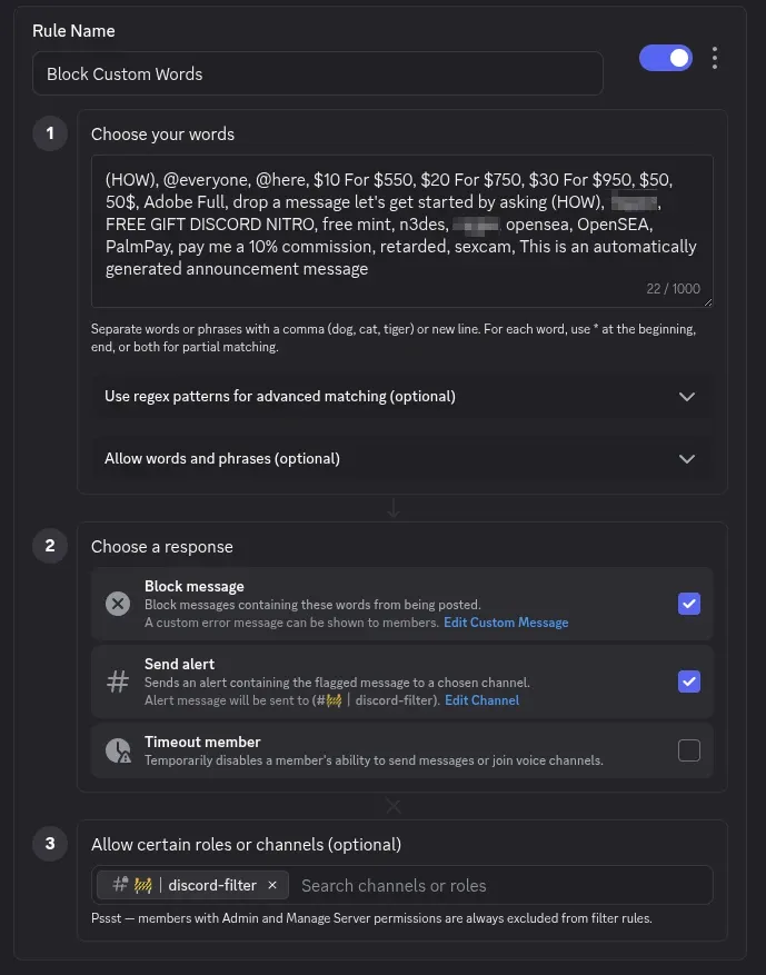 Discord AutoMod custom keyword rule showing blocked words including @everyone, @here, free nitro scams, crypto scams, and other common spam phrases