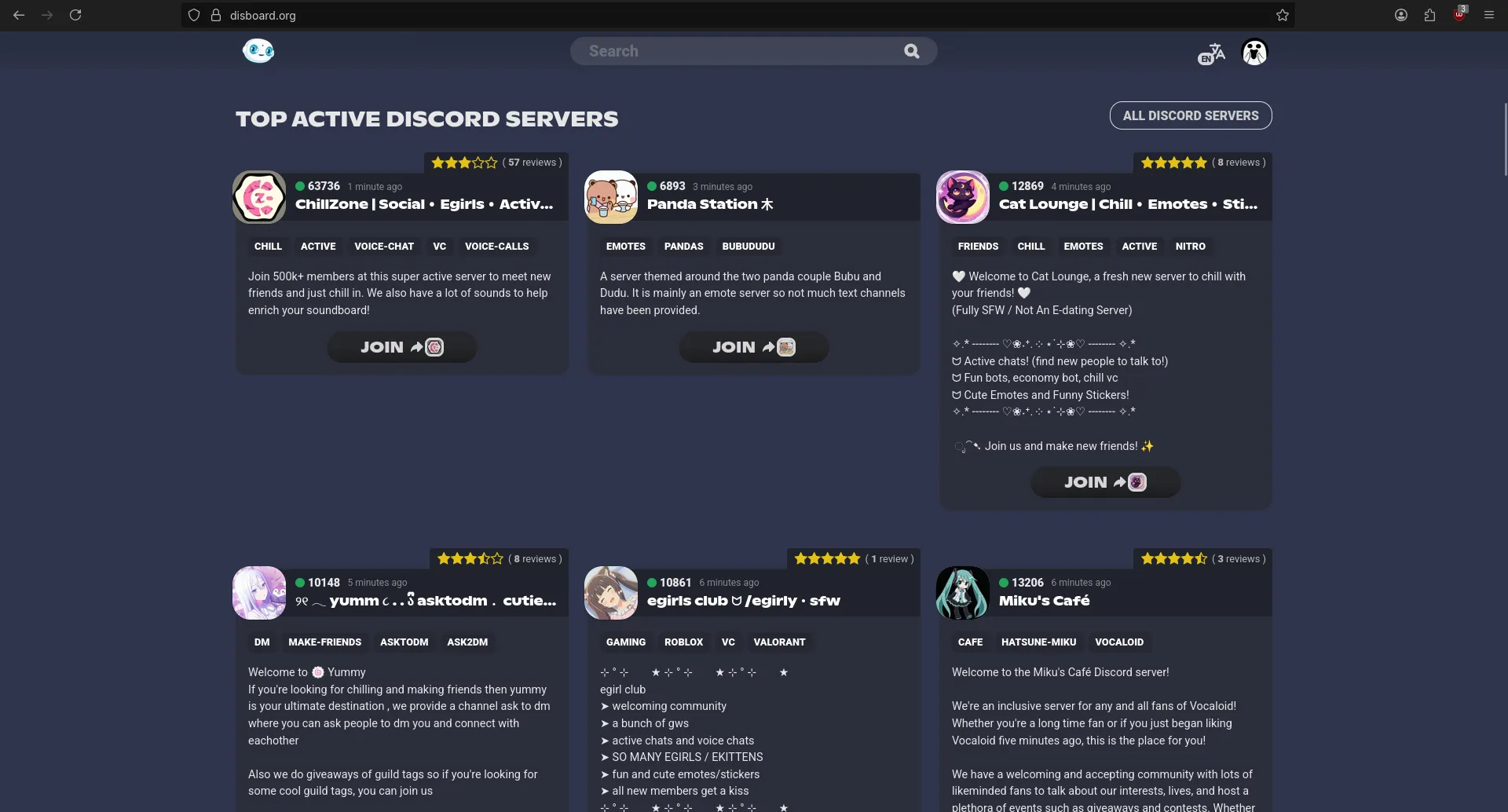 Disboard homepage showing top active Discord servers with tags, descriptions, and join buttons