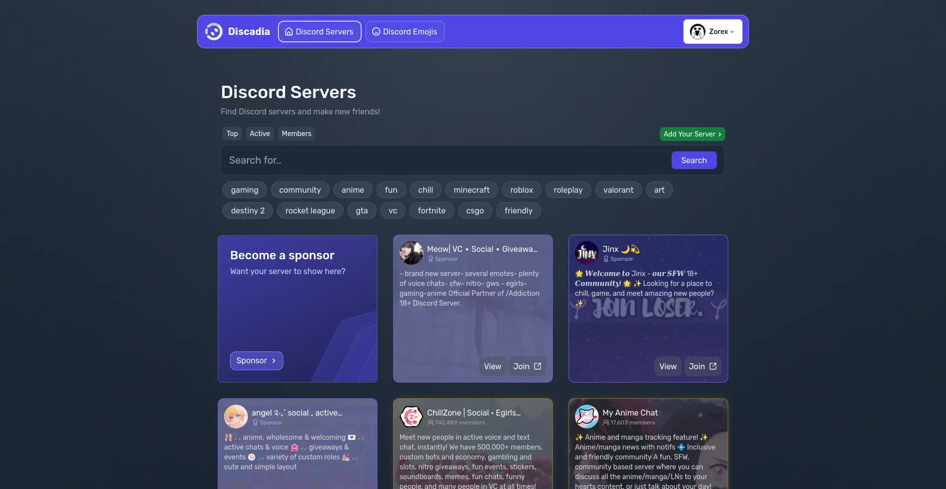 Discadia homepage showing Discord server search with category tags and sponsor section