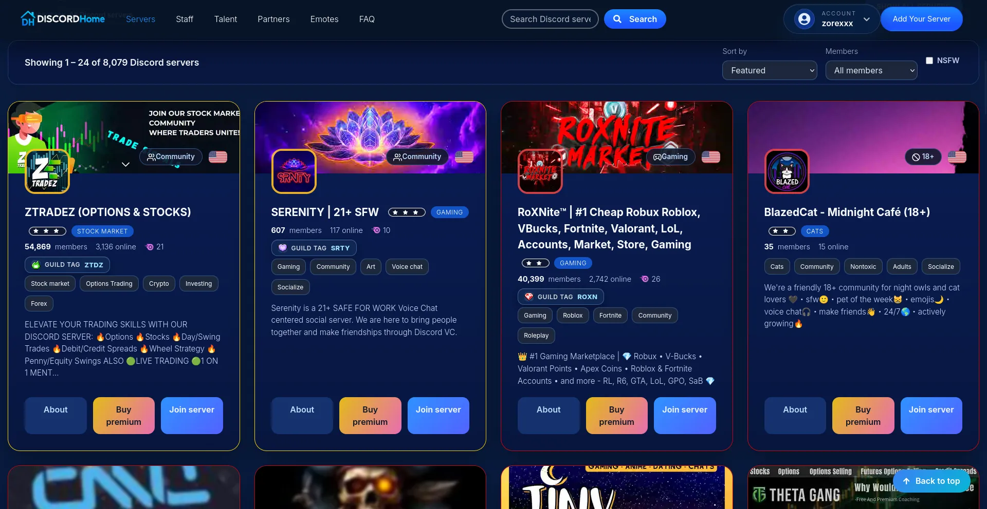 Discordhome homepage showing Discord server cards with join buttons and server descriptions
