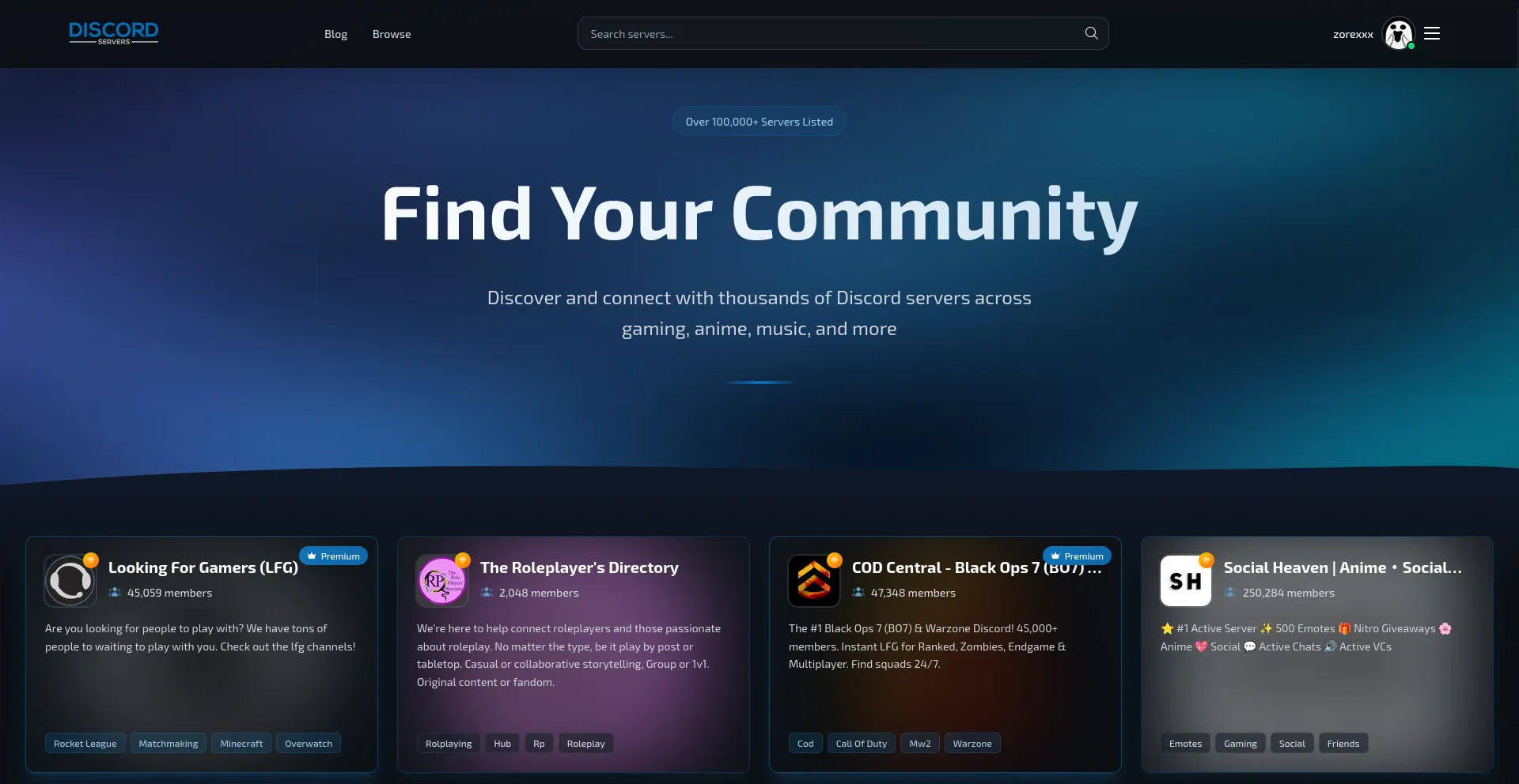 Discordservers.com homepage showing Find Your Community heading with featured Discord servers
