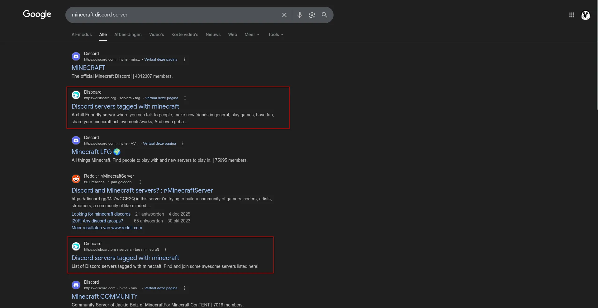 Google search results for minecraft discord server showing Discord invite pages and Disboard listings ranking highest