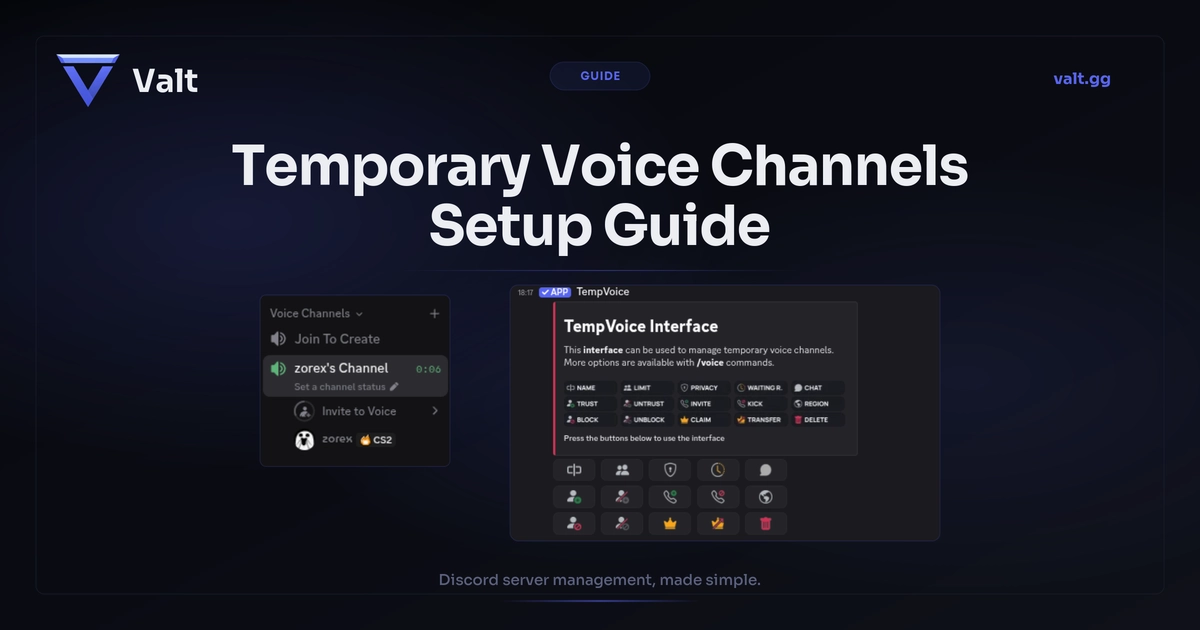 Discord temporary voice channels setup guide showing Join to Create hub, control buttons, and auto-cleanup for organized servers