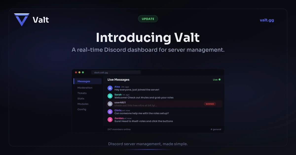 Valt dashboard showing the live message feed with real-time messages, spam detection, and moderation tools