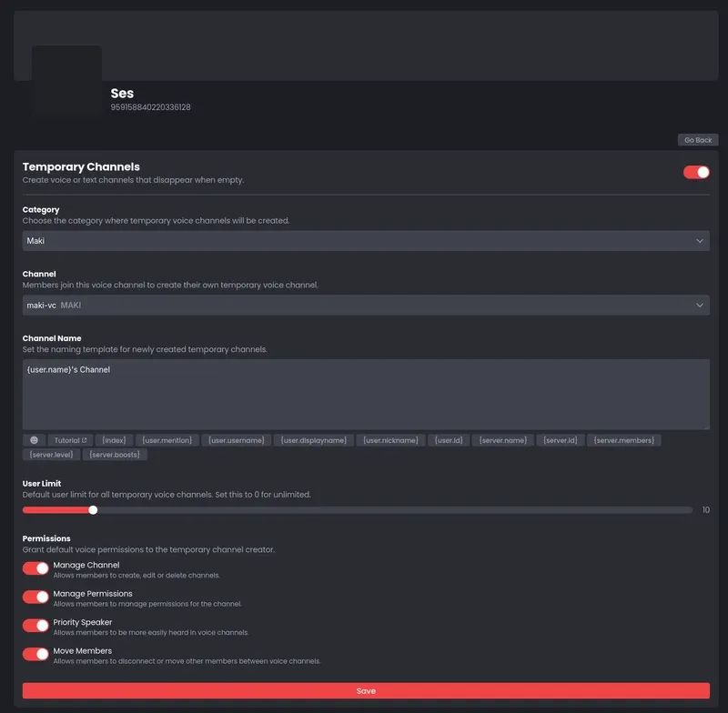 Maki dashboard Temporary Channels configuration showing category, hub channel, naming template, user limit, and permission toggles