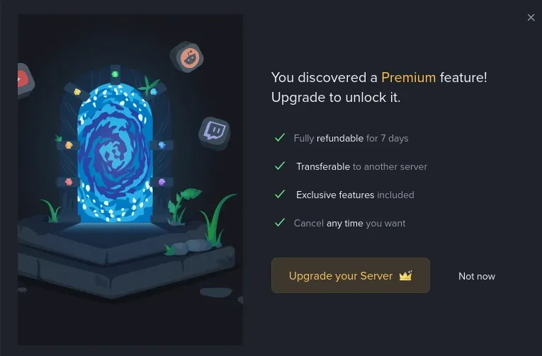 MEE6 premium feature popup showing Upgrade your Server button when trying to access temporary channels