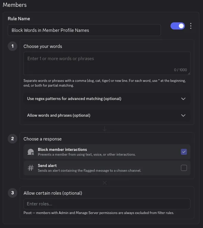 Discord AutoMod member profile name filter showing word input area, regex patterns option, and block member interactions response