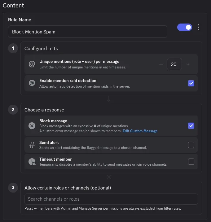 Discord AutoMod mention spam rule configuration with limit set to 20, mention raid detection enabled, and block message checked