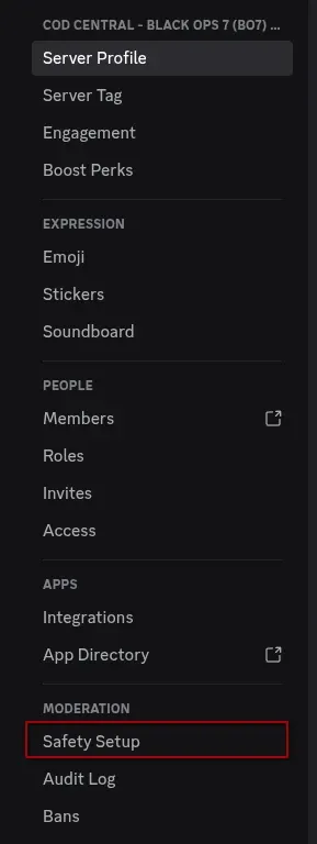 Discord server settings sidebar showing Safety Setup under the Moderation section