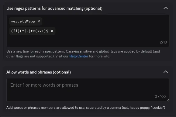 Discord AutoMod regex pattern input showing 2 patterns and the allow words and phrases section with 0 of 100 entries