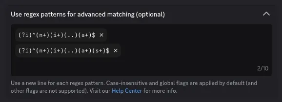 Discord AutoMod regex patterns configured to catch slur variations using leetspeak detection, showing 2 of 10 pattern slots used