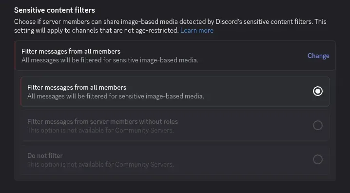 Discord sensitive content filters settings showing filter messages from all members option selected for image-based media scanning