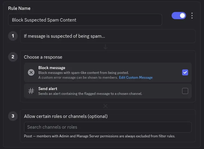 Discord AutoMod suspected spam content rule with block message enabled and send alert option available