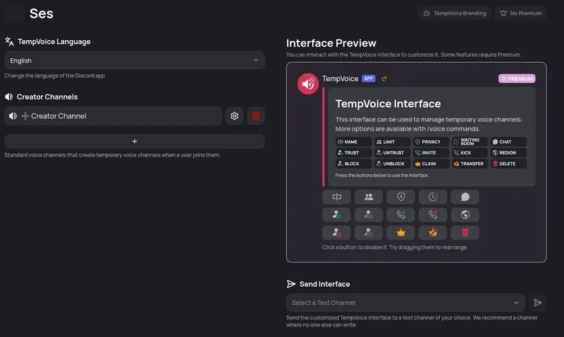 TempVoice dashboard showing interface preview with buttons and Creator Channel configuration