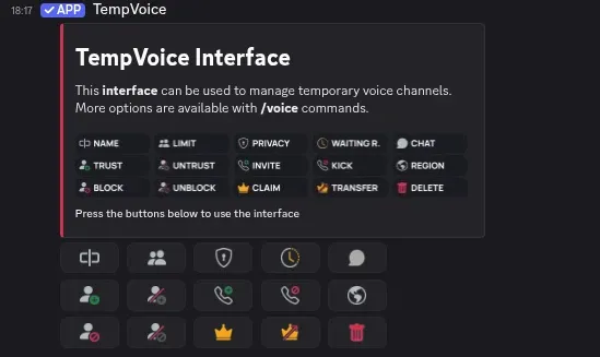 TempVoice interface in Discord showing 15 control buttons including Name, Limit, Privacy, Trust, Kick, Claim, and Delete