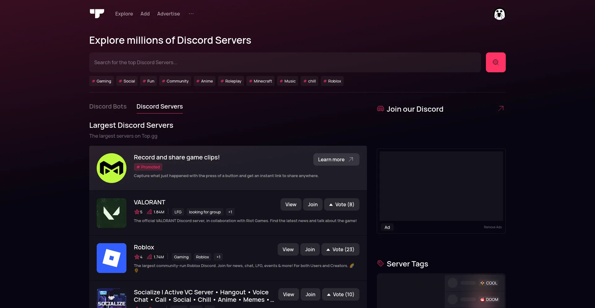 Top.gg server listing page showing the largest Discord servers with vote counts, member counts, and category tags