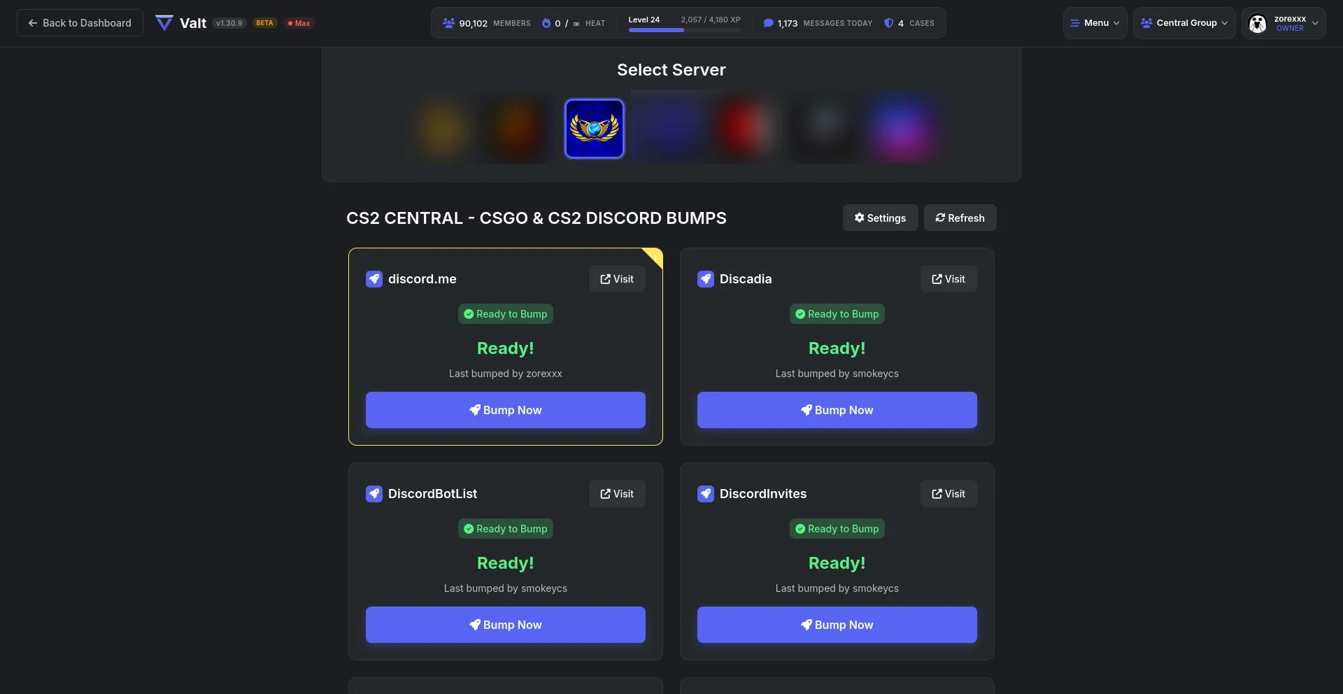 Valt dashboard showing bump tracker cards for discord.me, Discadia, DiscordBotList, and DiscordInvites with ready status and bump buttons