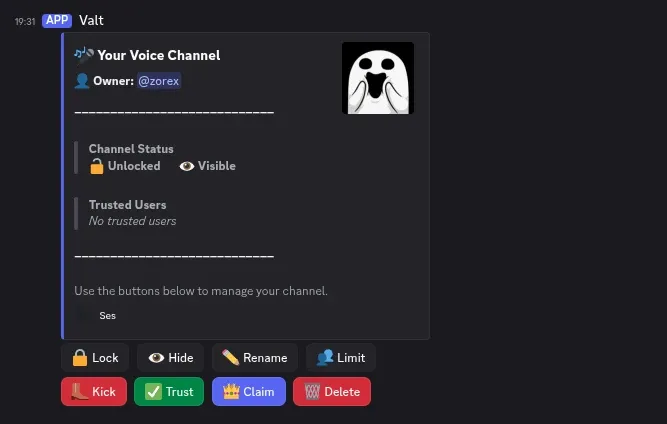 Valt control panel in Discord voice channel showing owner info, channel status, trusted users, and 8 management buttons