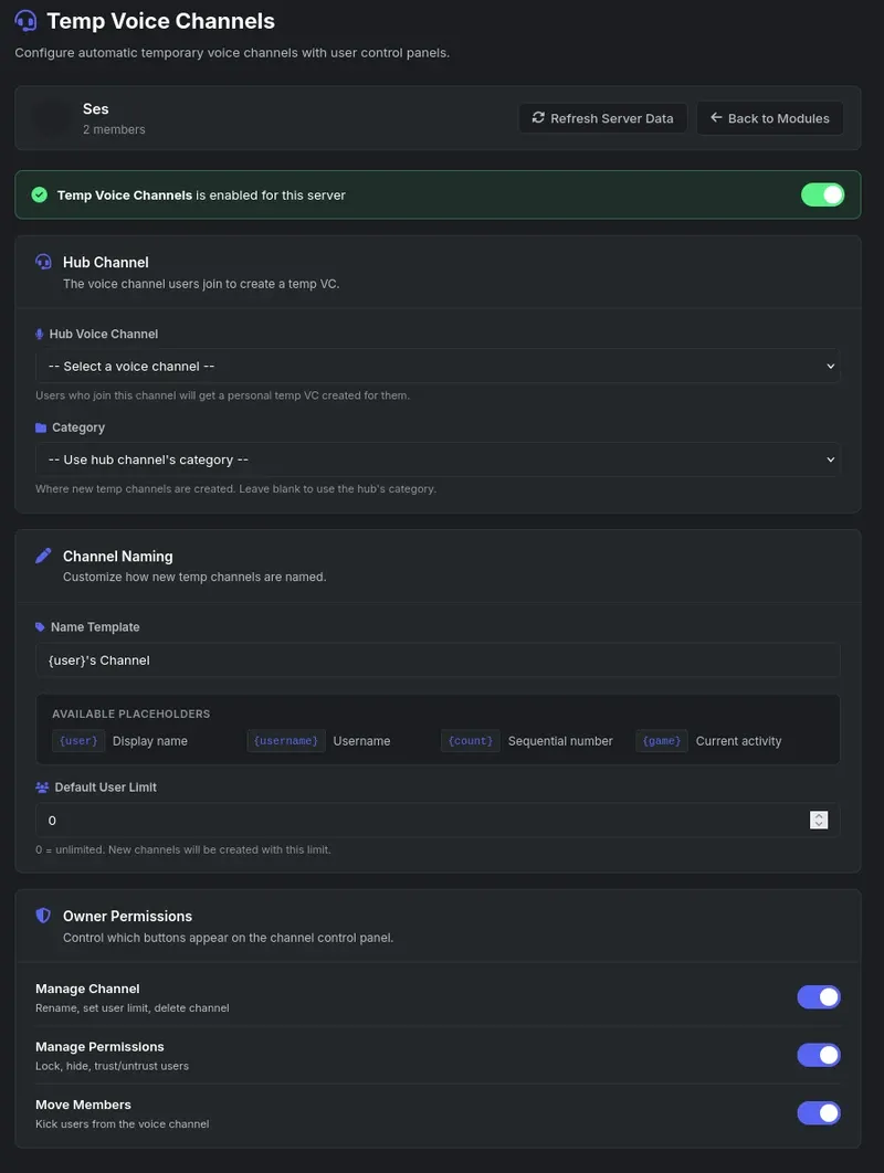 Valt dashboard Temp Voice Channels configuration showing hub channel, category, naming template, user limit, and owner permission toggles