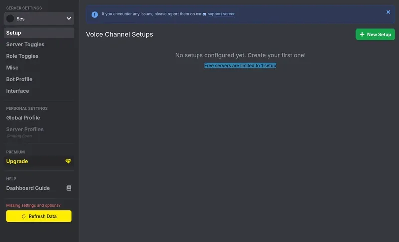 VoiceMaster dashboard showing Voice Channel Setups page with free servers limited to 1 setup