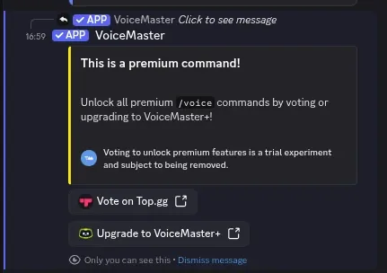 VoiceMaster premium command popup showing vote or upgrade options when trying to use a locked feature